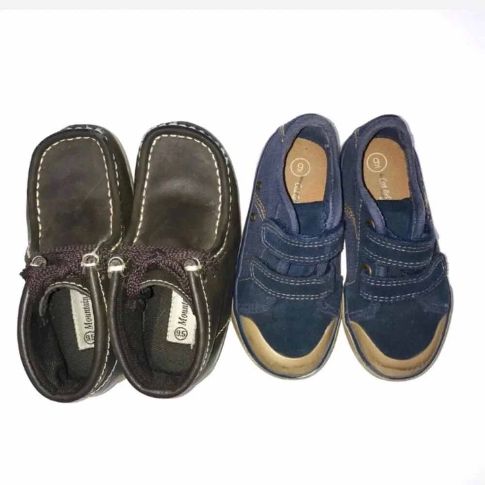 Brown Leather Boots & Blue Leather Velcro Shoe Boys 9 9.5